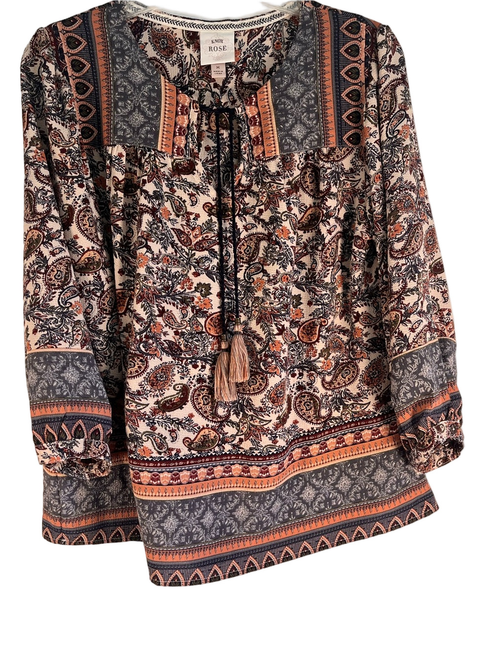 Knox Rose Paisley Boho Top - Cream, Navy & Rust Women’s L